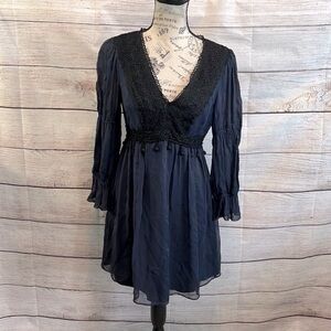 Nanette Lepore Dress Vintage Silk Chiffon V-neck Lace Pompoms Long Sleeve Size 4